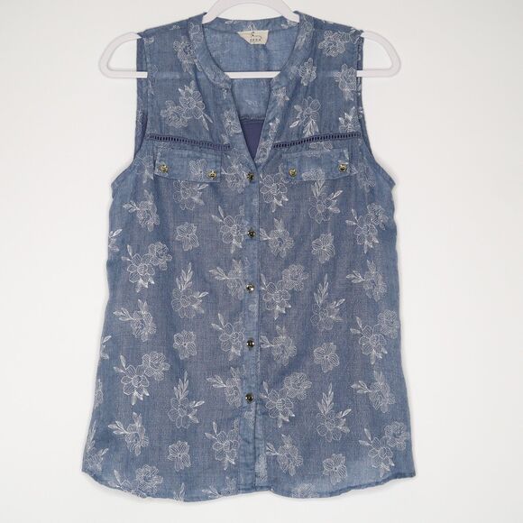 Ember Womens‎ Top Size Large Blue White Floral Sleeveless Casual Mixed Media - Picture 1 of 9